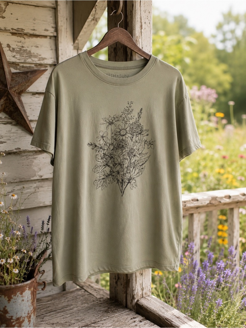 Fifth Sun Sage Green Wildflower Graphic Tee - 100% Cotton Floral Tee
